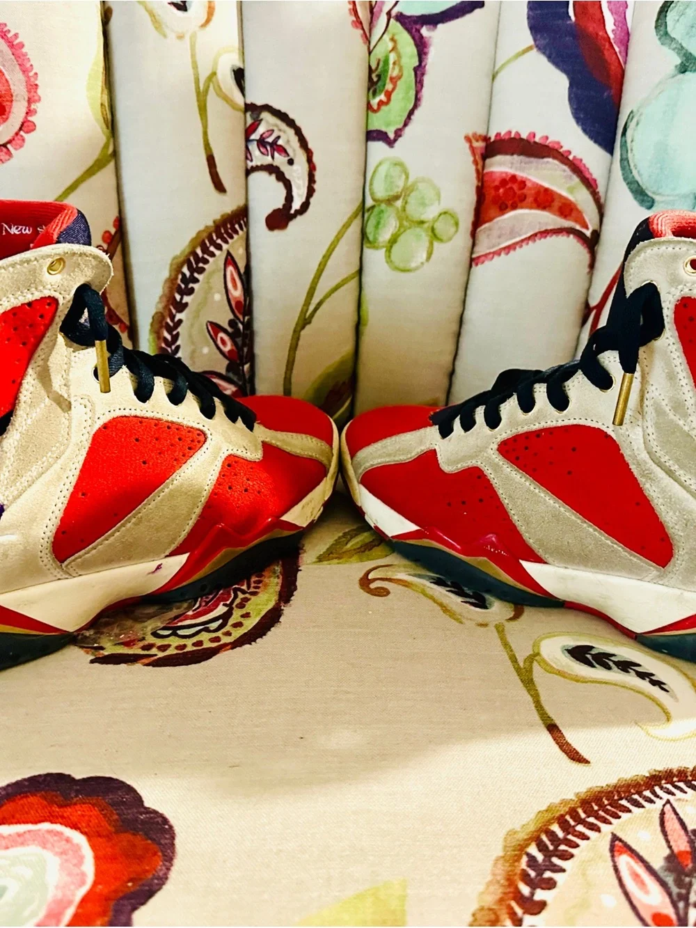 Jordan Men's High-Top Sneakers in Red, Cream, and Black with Gold Details